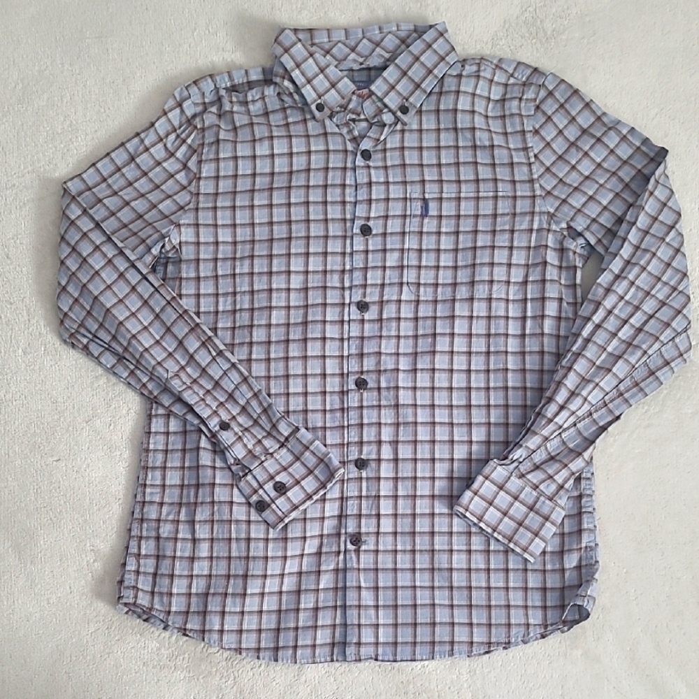 Johnnie-O Hangin' Out Boys 14 Button Down Plaid Shirt JBWL 6230 Buffalo Blue
